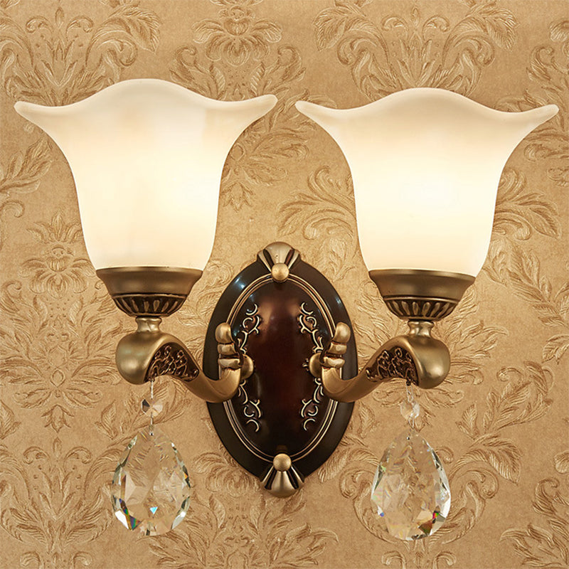Brass Scalloped Sconce Light Modern Metal 1/2 Lights Indoor Wall Mounted Lamp with Crystal Drop 2.0 Brass Clearhalo 'Cast Iron' 'Glass' 'Industrial' 'Modern wall lights' 'Modern' 'Tiffany' 'Traditional wall lights' 'Wall Lamps & Sconces' 'Wall Lights' Lighting' 265062