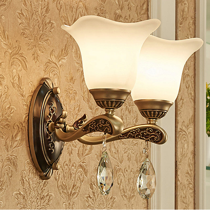 Brass Scalloped Sconce Light Modern Metal 1/2 Lights Indoor Wall Mounted Lamp with Crystal Drop Clearhalo 'Cast Iron' 'Glass' 'Industrial' 'Modern wall lights' 'Modern' 'Tiffany' 'Traditional wall lights' 'Wall Lamps & Sconces' 'Wall Lights' Lighting' 265063