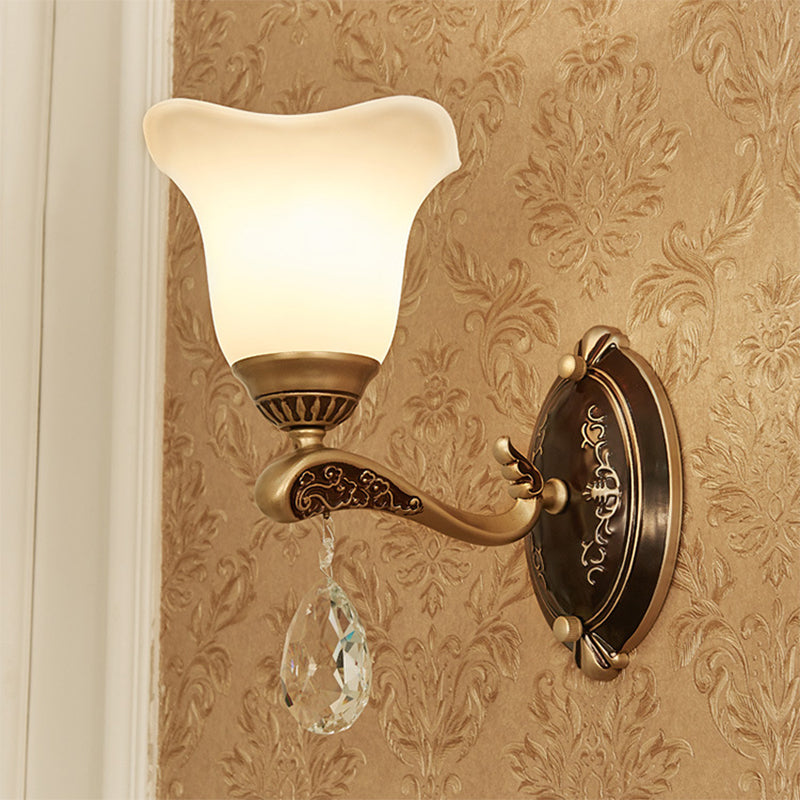 Brass Scalloped Sconce Light Modern Metal 1/2 Lights Indoor Wall Mounted Lamp with Crystal Drop 1.0 Brass Clearhalo 'Cast Iron' 'Glass' 'Industrial' 'Modern wall lights' 'Modern' 'Tiffany' 'Traditional wall lights' 'Wall Lamps & Sconces' 'Wall Lights' Lighting' 265068