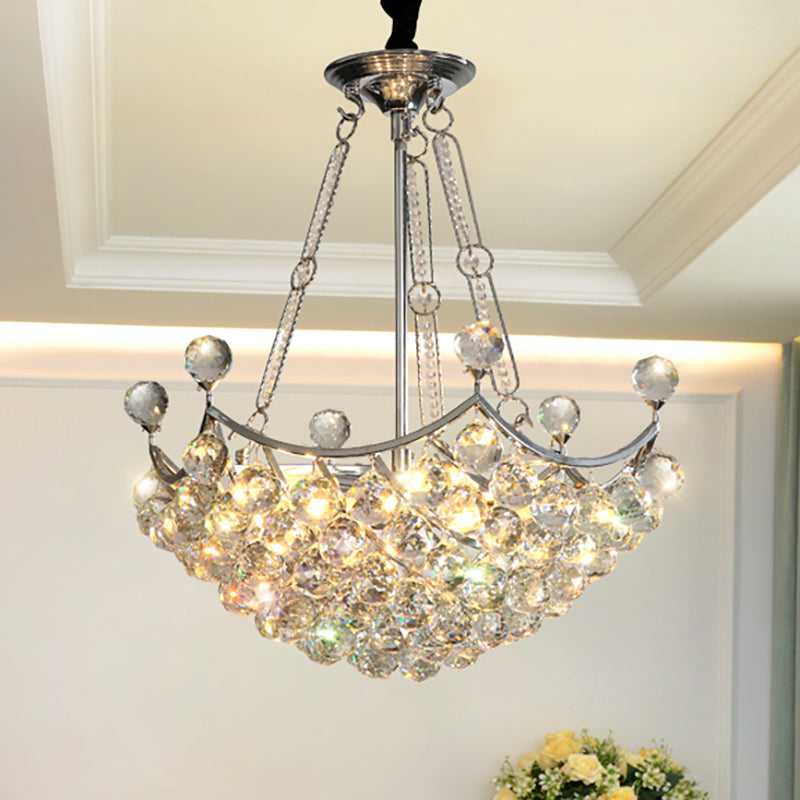 Clear Crystal Bowl Chandelier Light Fixture Modernist 6 Bulbs Dining Table Suspension Light in Chrome Clearhalo 'Ceiling Lights' 'Chandeliers' 'Modern Chandeliers' 'Modern' Lighting' 265137