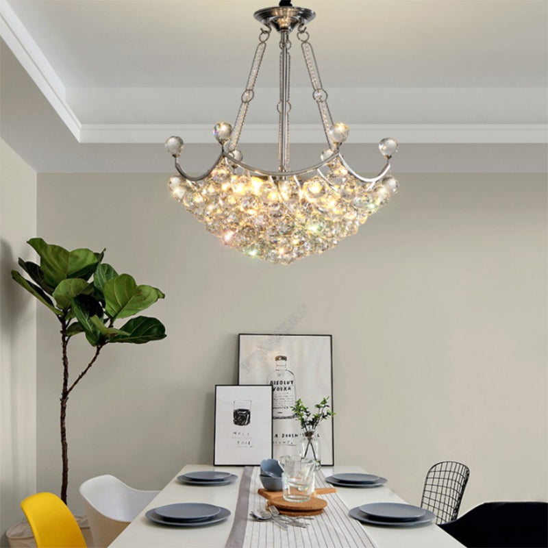 Clear Crystal Bowl Chandelier Light Fixture Modernist 6 Bulbs Dining Table Suspension Light in Chrome Clearhalo 'Ceiling Lights' 'Chandeliers' 'Modern Chandeliers' 'Modern' Lighting' 265139