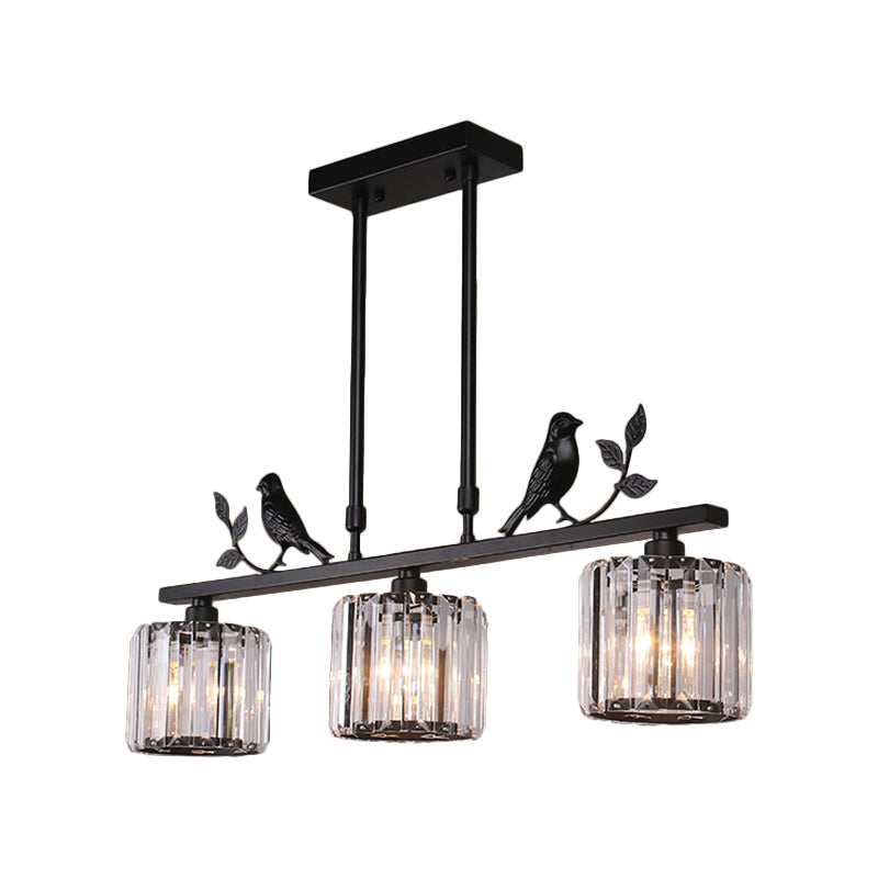 Clear Crystal Drum Shade Chandelier Lamp Modern 3 Heads Hanging Light Fixture with Bird Accent in Black/Gold Clearhalo 'Ceiling Lights' 'Island Lights' Lighting' 265158