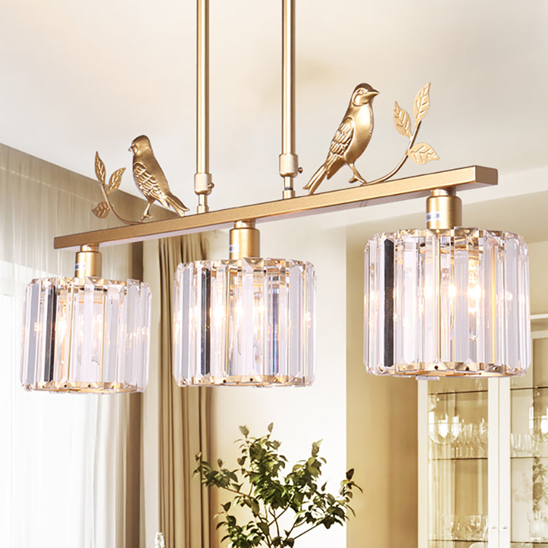 Clear Crystal Drum Shade Chandelier Lamp Modern 3 Heads Hanging Light Fixture with Bird Accent in Black/Gold Gold Clearhalo 'Ceiling Lights' 'Island Lights' Lighting' 265160