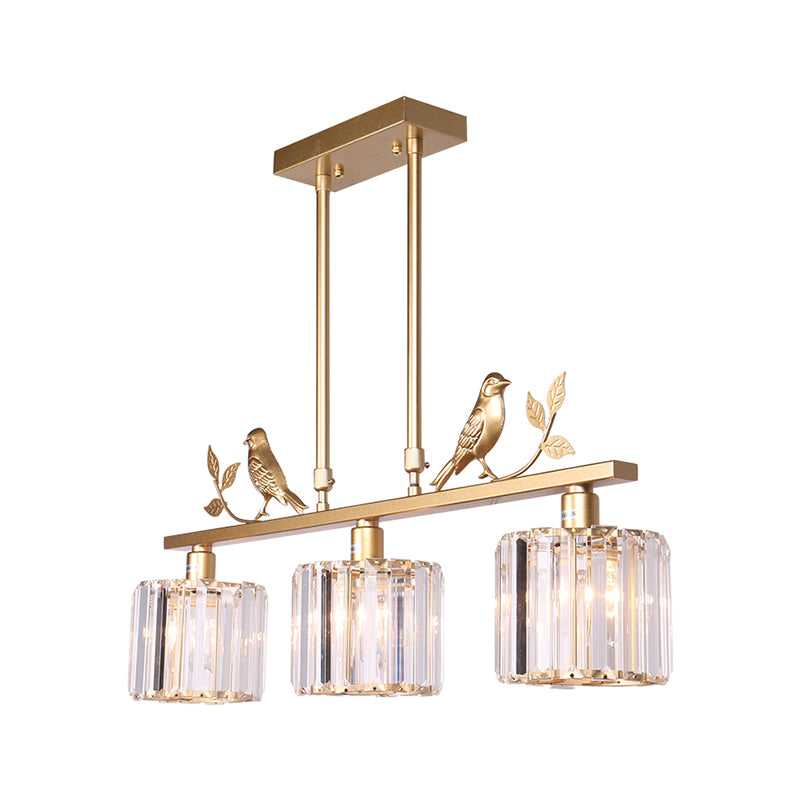 Clear Crystal Drum Shade Chandelier Lamp Modern 3 Heads Hanging Light Fixture with Bird Accent in Black/Gold Clearhalo 'Ceiling Lights' 'Island Lights' Lighting' 265163