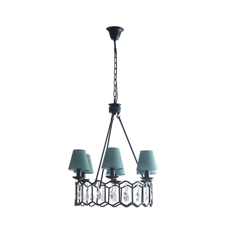 6 Lights Circular Pendant Light with Cone Shade and Crystal Accent Contemporary Chandelier Lamp in Black over Table Clearhalo 'Ceiling Lights' 'Chandeliers' 'Modern Chandeliers' 'Modern' Lighting' 265241