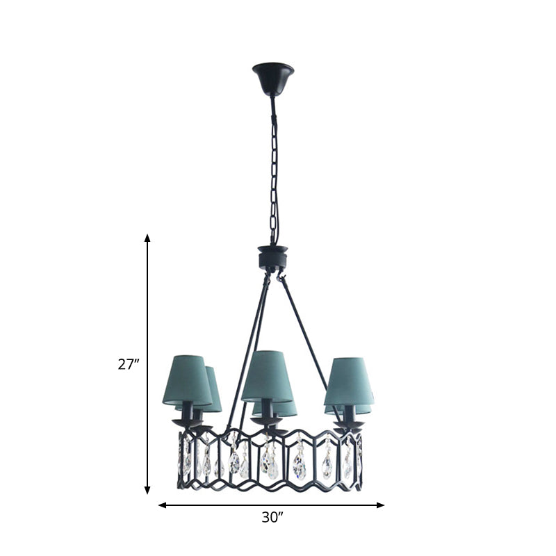 6 Lights Circular Pendant Light with Cone Shade and Crystal Accent Contemporary Chandelier Lamp in Black over Table Clearhalo 'Ceiling Lights' 'Chandeliers' 'Modern Chandeliers' 'Modern' Lighting' 265242