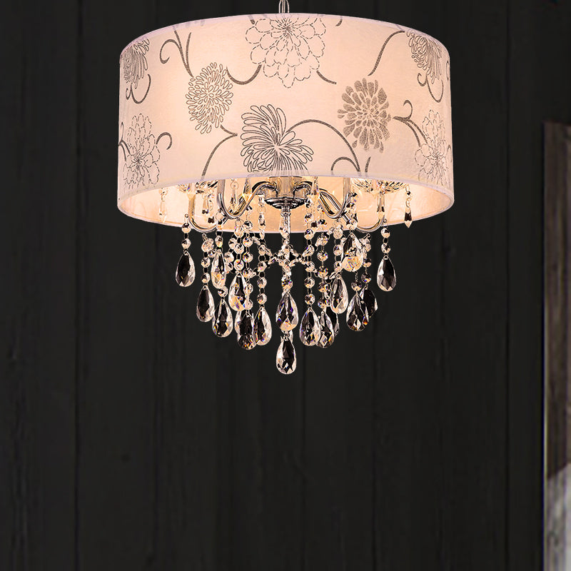 Printing Fabric Shade Pendant Light Crystal Vintage 5 Lights Ceiling Chandelier with Flower Pattern in Chrome Chrome Clearhalo 'Ceiling Lights' 'Chandeliers' 'Modern Chandeliers' 'Modern' Lighting' 265244