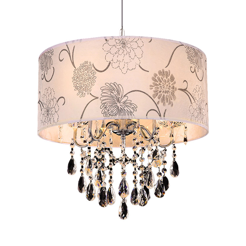 Printing Fabric Shade Pendant Light Crystal Vintage 5 Lights Ceiling Chandelier with Flower Pattern in Chrome Clearhalo 'Ceiling Lights' 'Chandeliers' 'Modern Chandeliers' 'Modern' Lighting' 265246