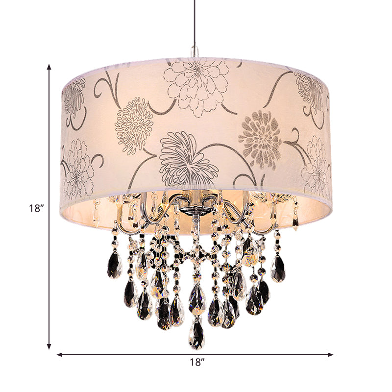 Printing Fabric Shade Pendant Light Crystal Vintage 5 Lights Ceiling Chandelier with Flower Pattern in Chrome Clearhalo 'Ceiling Lights' 'Chandeliers' 'Modern Chandeliers' 'Modern' Lighting' 265247