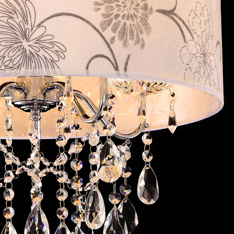 Printing Fabric Shade Pendant Light Crystal Vintage 5 Lights Ceiling Chandelier with Flower Pattern in Chrome Clearhalo 'Ceiling Lights' 'Chandeliers' 'Modern Chandeliers' 'Modern' Lighting' 265248