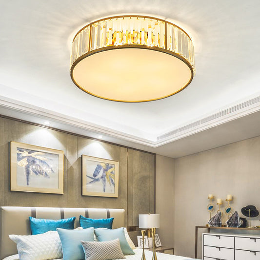 3/4/5 Lights Flush Light Contemporary Drum Crystal Ceiling Flush Mount in Gold for Bedroom, 12.5"/16.5"/20.5" W Clearhalo 'Ceiling Lights' 'Close To Ceiling Lights' 'Close to ceiling' 'Flush mount' Lighting' 265258