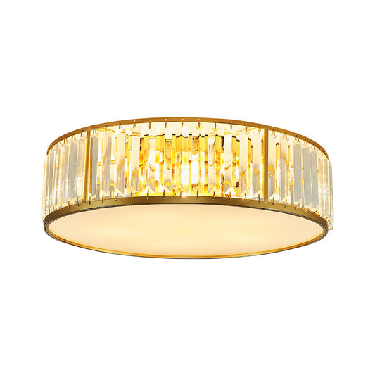 3/4/5 Lights Flush Light Contemporary Drum Crystal Ceiling Flush Mount in Gold for Bedroom, 12.5"/16.5"/20.5" W Clearhalo 'Ceiling Lights' 'Close To Ceiling Lights' 'Close to ceiling' 'Flush mount' Lighting' 265259