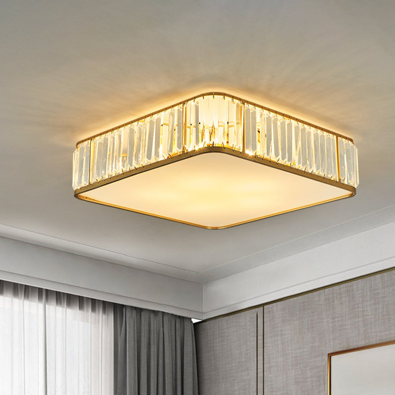 14"/18"/21.5' W Square Crystal Flush Ceiling Light Modern 3/4/5 Lights Bedroom Flush Mount Lighting in Gold Gold Clearhalo 'Ceiling Lights' 'Close To Ceiling Lights' 'Close to ceiling' 'Flush mount' Lighting' 265264