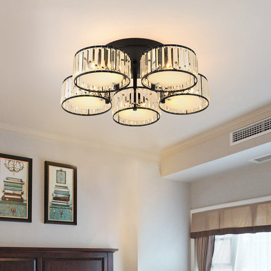 3/5/6 Lights Living Room Ceiling Light Fixture Modern Black Flush Mount with Drum Crystal Shade Clearhalo 'Ceiling Lights' 'Close To Ceiling Lights' 'Close to ceiling' 'Flush mount' Lighting' 265285