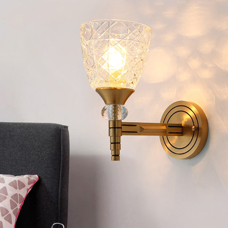 1/2-Bulb Lattice Glass Wall Lamp with Bowl Lampshade Loft Bedroom Wall Mount Light in Brass Finish 1.0 Brass Clearhalo 'Wall Lamps & Sconces' 'Wall Lights' Lighting' 265294