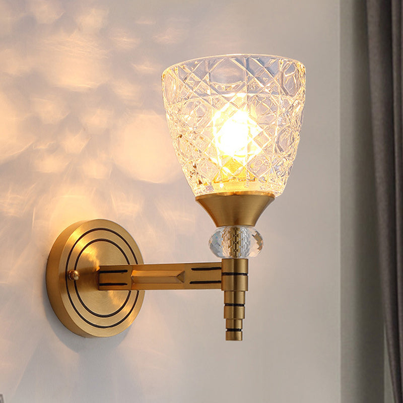 1/2-Bulb Lattice Glass Wall Lamp with Bowl Lampshade Loft Bedroom Wall Mount Light in Brass Finish Clearhalo 'Wall Lamps & Sconces' 'Wall Lights' Lighting' 265295