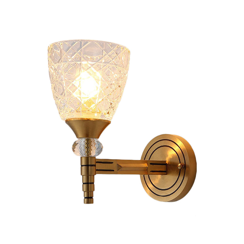 1/2-Bulb Lattice Glass Wall Lamp with Bowl Lampshade Loft Bedroom Wall Mount Light in Brass Finish Clearhalo 'Wall Lamps & Sconces' 'Wall Lights' Lighting' 265297