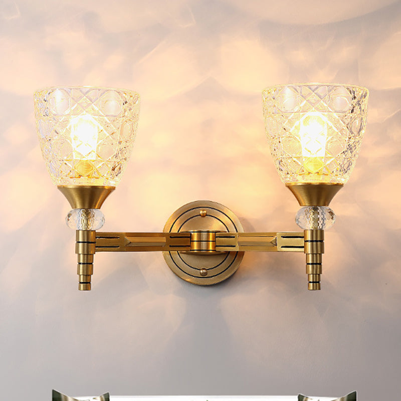 1/2-Bulb Lattice Glass Wall Lamp with Bowl Lampshade Loft Bedroom Wall Mount Light in Brass Finish 2.0 Brass Clearhalo 'Wall Lamps & Sconces' 'Wall Lights' Lighting' 265300