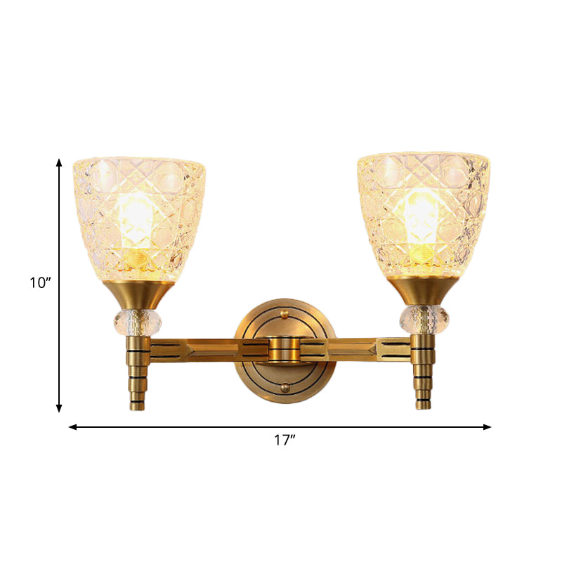 1/2-Bulb Lattice Glass Wall Lamp with Bowl Lampshade Loft Bedroom Wall Mount Light in Brass Finish Clearhalo 'Wall Lamps & Sconces' 'Wall Lights' Lighting' 265304