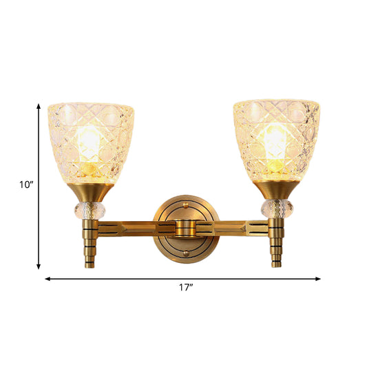 1/2-Bulb Lattice Glass Wall Lamp with Bowl Lampshade Loft Bedroom Wall Mount Light in Brass Finish Clearhalo 'Wall Lamps & Sconces' 'Wall Lights' Lighting' 265304