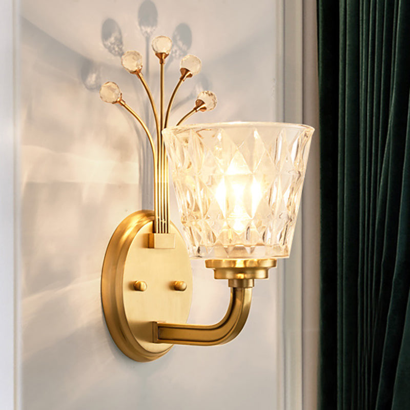 1/2-Light Tapered Wall Lighting Fixture Modernism Flush Wall Sconce with Clear Glass Shade and Crystal in Brass Finish Clearhalo 'Wall Lamps & Sconces' 'Wall Lights' Lighting' 265441