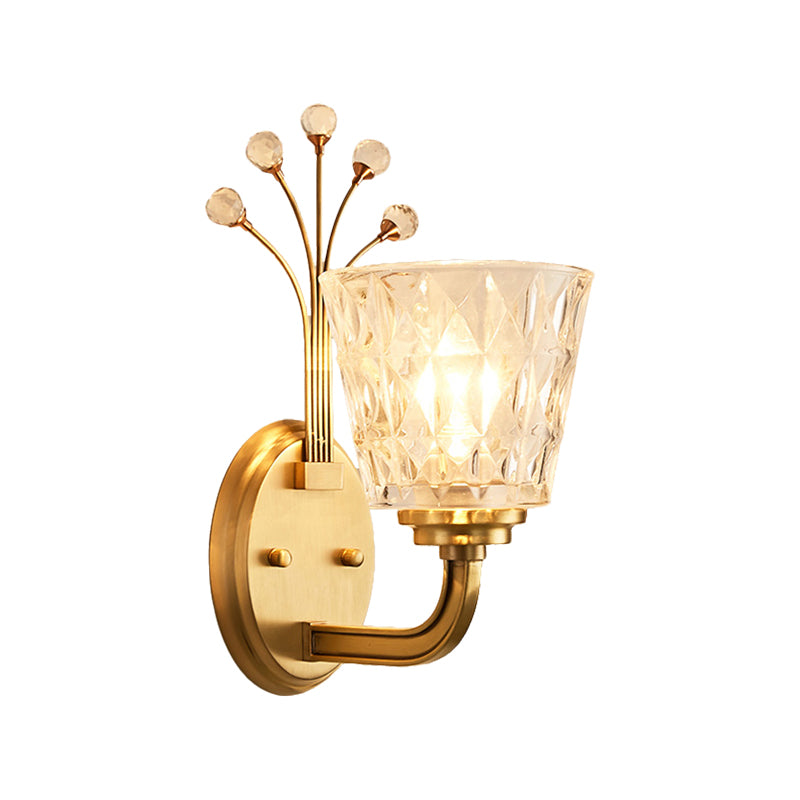 1/2-Light Tapered Wall Lighting Fixture Modernism Flush Wall Sconce with Clear Glass Shade and Crystal in Brass Finish Clearhalo 'Wall Lamps & Sconces' 'Wall Lights' Lighting' 265443