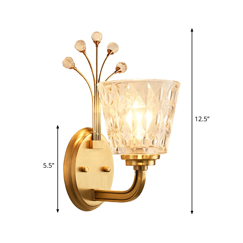 1/2-Light Tapered Wall Lighting Fixture Modernism Flush Wall Sconce with Clear Glass Shade and Crystal in Brass Finish Clearhalo 'Wall Lamps & Sconces' 'Wall Lights' Lighting' 265444