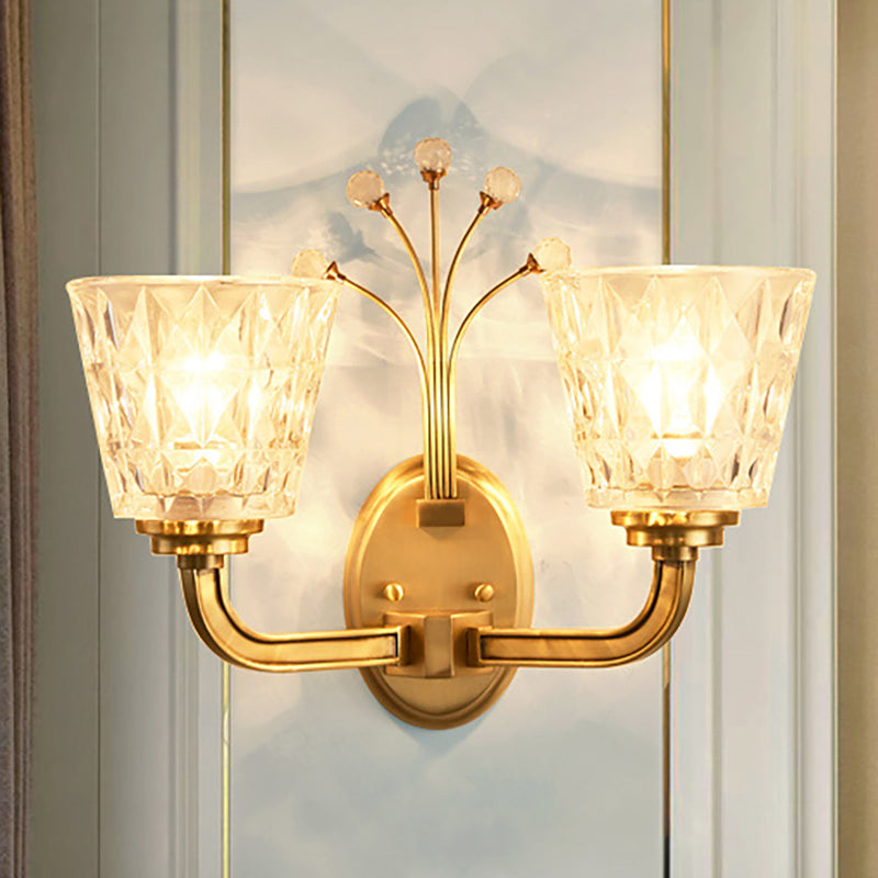 1/2-Light Tapered Wall Lighting Fixture Modernism Flush Wall Sconce with Clear Glass Shade and Crystal in Brass Finish 2.0 Brass Clearhalo 'Wall Lamps & Sconces' 'Wall Lights' Lighting' 265446