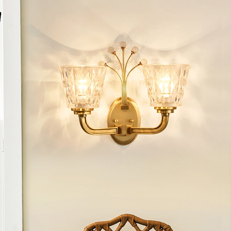 1/2-Light Tapered Wall Lighting Fixture Modernism Flush Wall Sconce with Clear Glass Shade and Crystal in Brass Finish Clearhalo 'Wall Lamps & Sconces' 'Wall Lights' Lighting' 265447