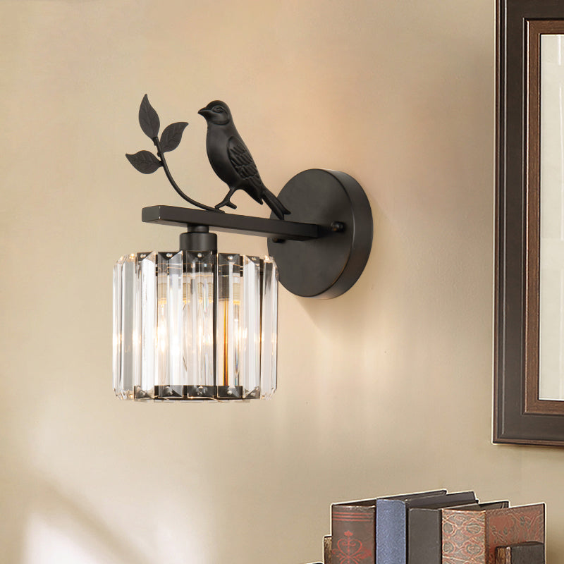 K9 Crystal Cylinder Wall Mounted Lamp Contemporary 1 Bulb Wall Sconce with Bird Accent in Black/Gold Black Clearhalo 'Modern wall lights' 'Modern' 'Wall Lamps & Sconces' 'Wall Lights' Lighting' 265460