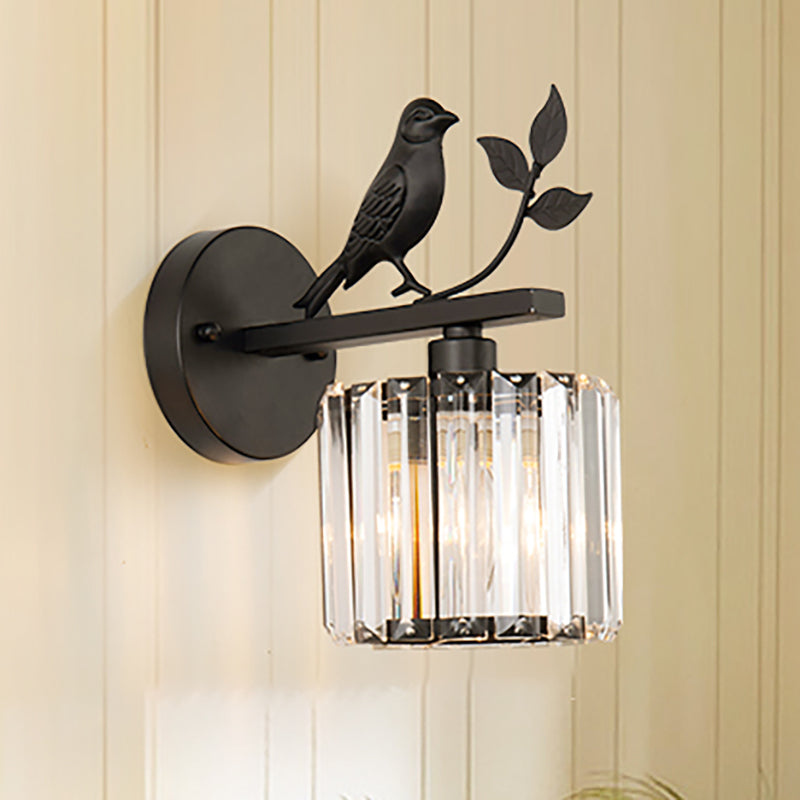 K9 Crystal Cylinder Wall Mounted Lamp Contemporary 1 Bulb Wall Sconce with Bird Accent in Black/Gold Clearhalo 'Modern wall lights' 'Modern' 'Wall Lamps & Sconces' 'Wall Lights' Lighting' 265461