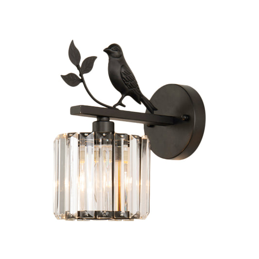 K9 Crystal Cylinder Wall Mounted Lamp Contemporary 1 Bulb Wall Sconce with Bird Accent in Black/Gold Clearhalo 'Modern wall lights' 'Modern' 'Wall Lamps & Sconces' 'Wall Lights' Lighting' 265463