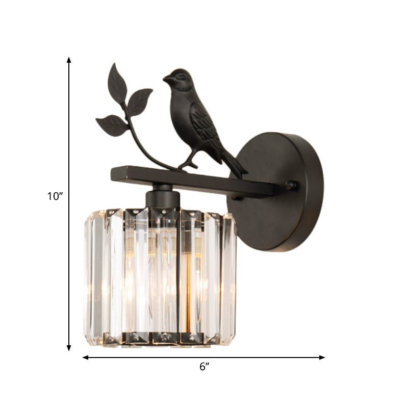 K9 Crystal Cylinder Wall Mounted Lamp Contemporary 1 Bulb Wall Sconce with Bird Accent in Black/Gold Clearhalo 'Modern wall lights' 'Modern' 'Wall Lamps & Sconces' 'Wall Lights' Lighting' 265464