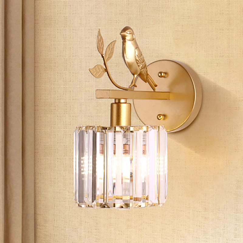 K9 Crystal Cylinder Wall Mounted Lamp Contemporary 1 Bulb Wall Sconce with Bird Accent in Black/Gold Gold Clearhalo 'Modern wall lights' 'Modern' 'Wall Lamps & Sconces' 'Wall Lights' Lighting' 265465