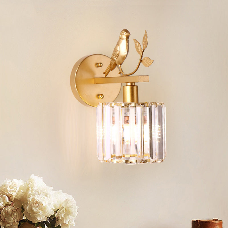 K9 Crystal Cylinder Wall Mounted Lamp Contemporary 1 Bulb Wall Sconce with Bird Accent in Black/Gold Clearhalo 'Modern wall lights' 'Modern' 'Wall Lamps & Sconces' 'Wall Lights' Lighting' 265466