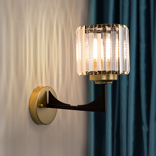 Angle Armed Wall Lighting with Clear Cylindrical Shade Modern Crystal Wall Lamp in Brass Brass Clearhalo 'Art deco wall lights' 'Industrial wall lights' 'Industrial' 'Middle century wall lights' 'Tiffany' 'Wall Lamps & Sconces' 'Wall Lights' Lighting' 265483