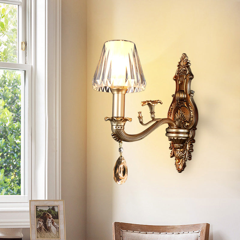 1/2-Head Conic Sconce Light Vintage Wall Light Fixture with Clear Acrylic Shade and Carved Arm in Gold 1.0 Gold Clearhalo 'Wall Lamps & Sconces' 'Wall Lights' Lighting' 265533