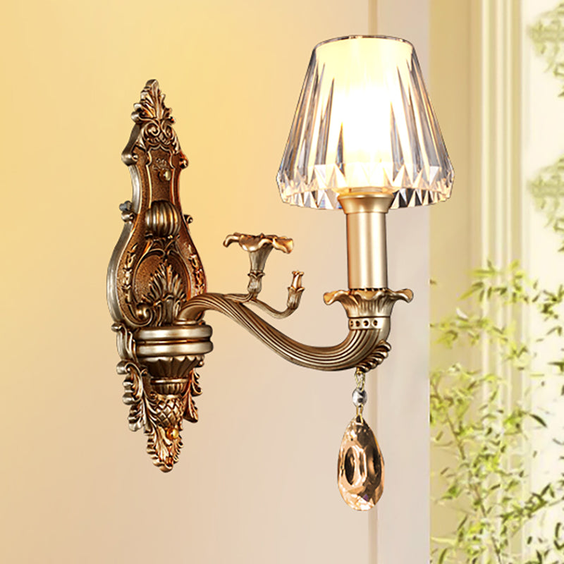 1/2-Head Conic Sconce Light Vintage Wall Light Fixture with Clear Acrylic Shade and Carved Arm in Gold Clearhalo 'Wall Lamps & Sconces' 'Wall Lights' Lighting' 265534