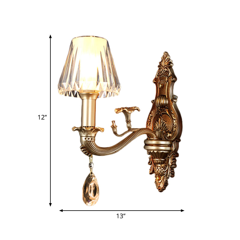 1/2-Head Conic Sconce Light Vintage Wall Light Fixture with Clear Acrylic Shade and Carved Arm in Gold Clearhalo 'Wall Lamps & Sconces' 'Wall Lights' Lighting' 265536