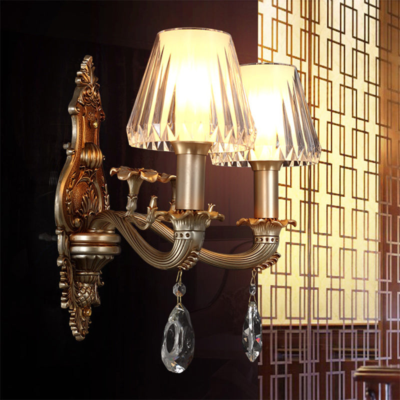 1/2-Head Conic Sconce Light Vintage Wall Light Fixture with Clear Acrylic Shade and Carved Arm in Gold 2.0 Gold Clearhalo 'Wall Lamps & Sconces' 'Wall Lights' Lighting' 265538