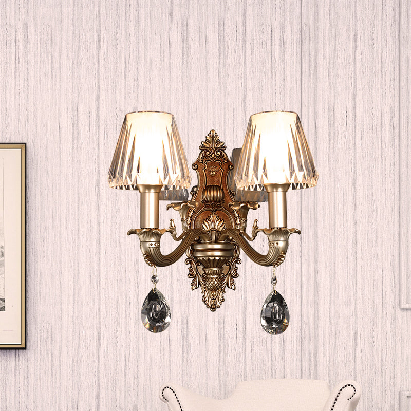 1/2-Head Conic Sconce Light Vintage Wall Light Fixture with Clear Acrylic Shade and Carved Arm in Gold Clearhalo 'Wall Lamps & Sconces' 'Wall Lights' Lighting' 265539