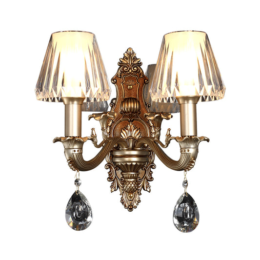 1/2-Head Conic Sconce Light Vintage Wall Light Fixture with Clear Acrylic Shade and Carved Arm in Gold Clearhalo 'Wall Lamps & Sconces' 'Wall Lights' Lighting' 265540