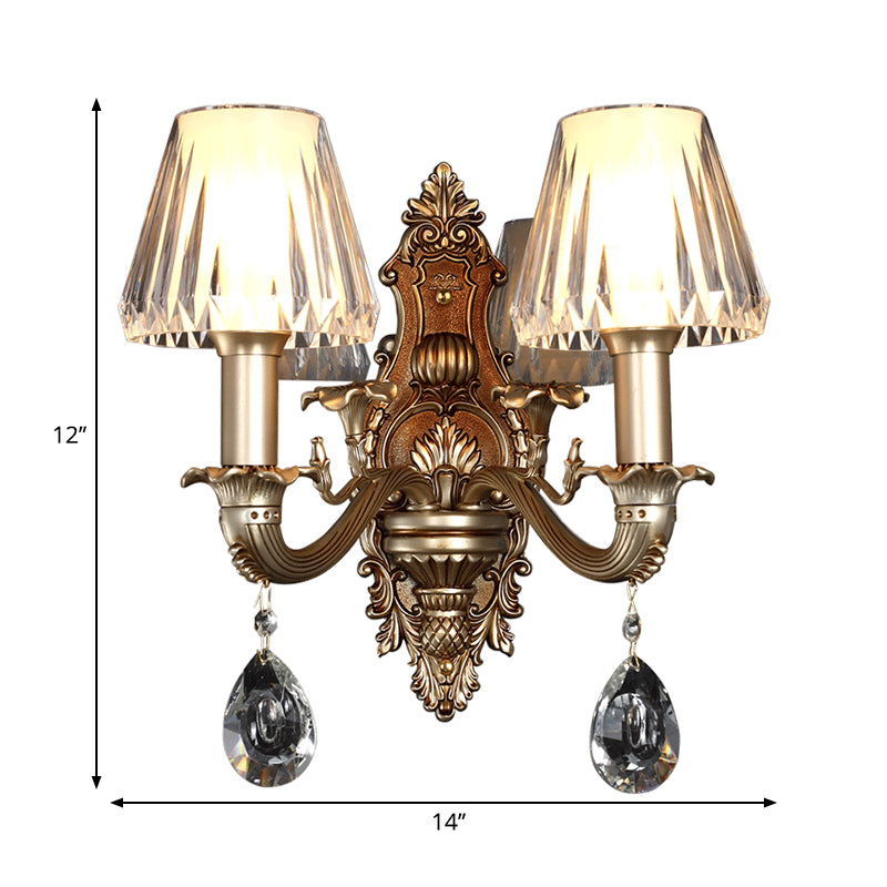 1/2-Head Conic Sconce Light Vintage Wall Light Fixture with Clear Acrylic Shade and Carved Arm in Gold Clearhalo 'Wall Lamps & Sconces' 'Wall Lights' Lighting' 265541