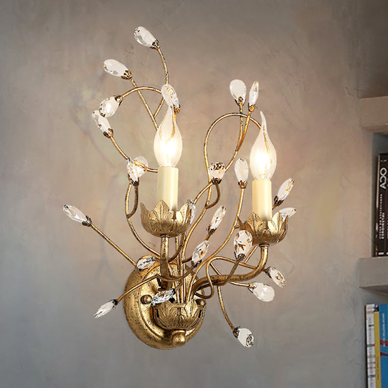 Clear Crystal Branch Flush Wall Sconce with Candle Vintage 2 Heads Wall Mount Lamp in Antique Brass Clearhalo 'Wall Lamps & Sconces' 'Wall Lights' Lighting' 265573