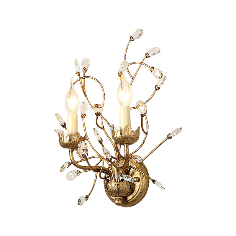 Clear Crystal Branch Flush Wall Sconce with Candle Vintage 2 Heads Wall Mount Lamp in Antique Brass Clearhalo 'Wall Lamps & Sconces' 'Wall Lights' Lighting' 265575