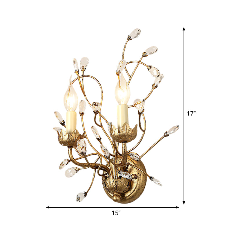 Clear Crystal Branch Flush Wall Sconce with Candle Vintage 2 Heads Wall Mount Lamp in Antique Brass Clearhalo 'Wall Lamps & Sconces' 'Wall Lights' Lighting' 265576