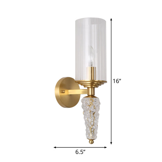 Indoor Wall Light Fixture with Cylindrical Clear Glass Shade Mid Century 1 Head Wall Sconce in Brass Clearhalo 'Wall Lamps & Sconces' 'Wall Lights' Lighting' 265587