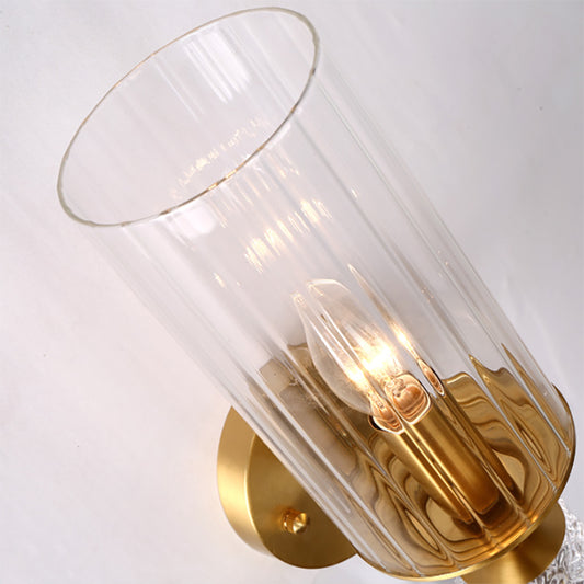 Indoor Wall Light Fixture with Cylindrical Clear Glass Shade Mid Century 1 Head Wall Sconce in Brass Clearhalo 'Wall Lamps & Sconces' 'Wall Lights' Lighting' 265588