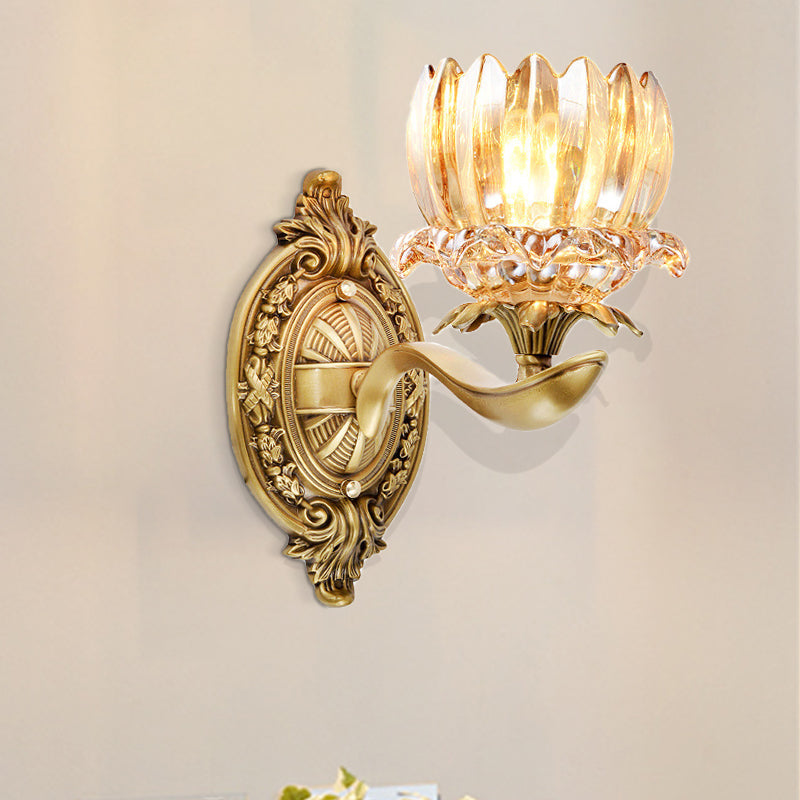1/2 Lights Living Room Wall Mounted Lamp Vintage Brass Sconce Light with Flower Crystal Shade 1.0 Brass Clearhalo 'Cast Iron' 'Glass' 'Industrial' 'Modern wall lights' 'Modern' 'Tiffany' 'Traditional wall lights' 'Wall Lamps & Sconces' 'Wall Lights' Lighting' 265618