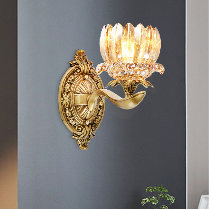 1/2 Lights Living Room Wall Mounted Lamp Vintage Brass Sconce Light with Flower Crystal Shade Clearhalo 'Cast Iron' 'Glass' 'Industrial' 'Modern wall lights' 'Modern' 'Tiffany' 'Traditional wall lights' 'Wall Lamps & Sconces' 'Wall Lights' Lighting' 265619